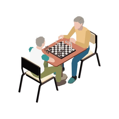 Nursing home icon with two isometric characters of senior people playing chess 3d vector illustration