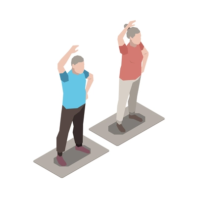 Nursing home icon with isometric elderly man and woman doing exercises 3d vector illustration