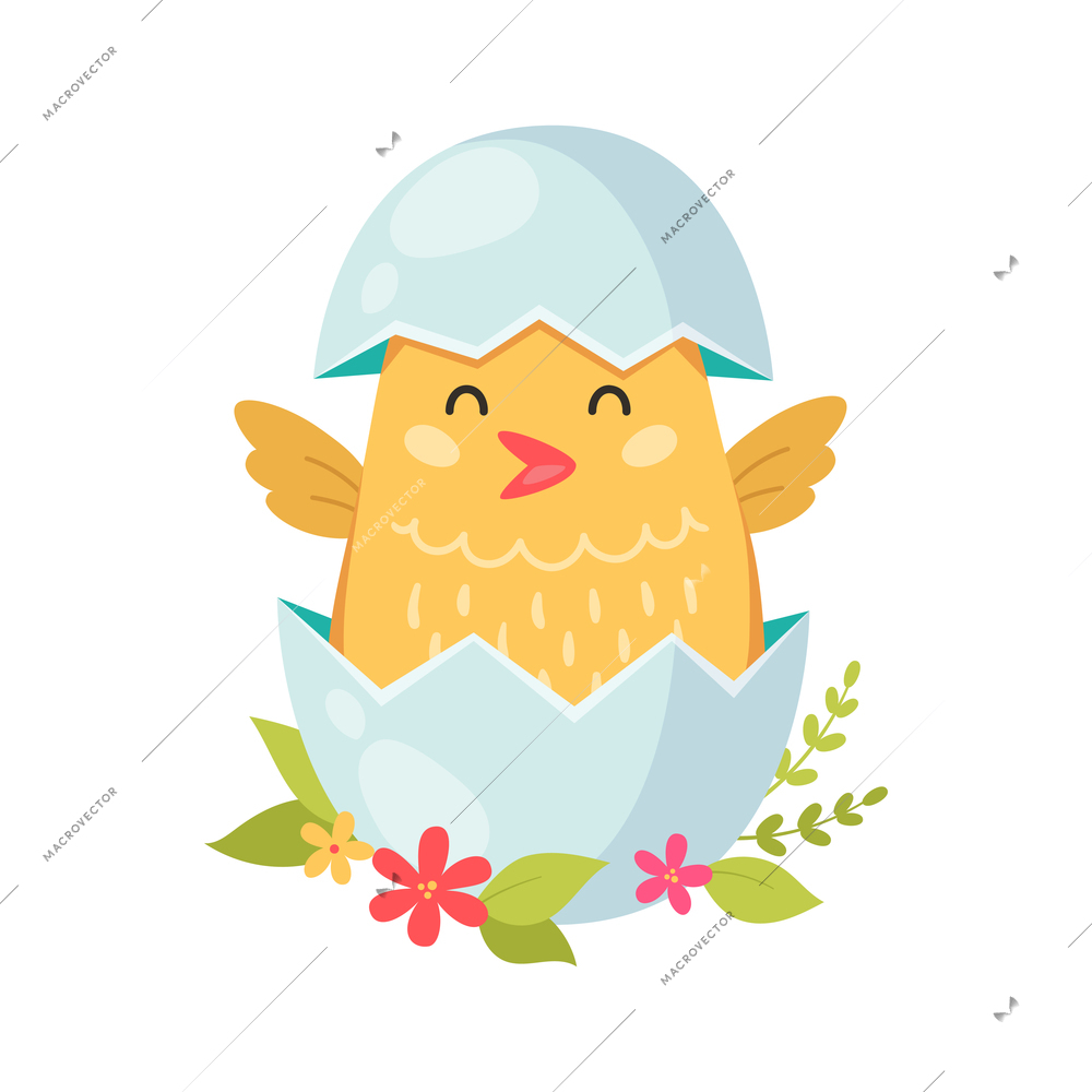 Cute hatched chick in eggshell on flowers cartoon vector illustration