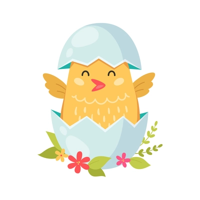 Cute hatched chick in eggshell on flowers cartoon vector illustration