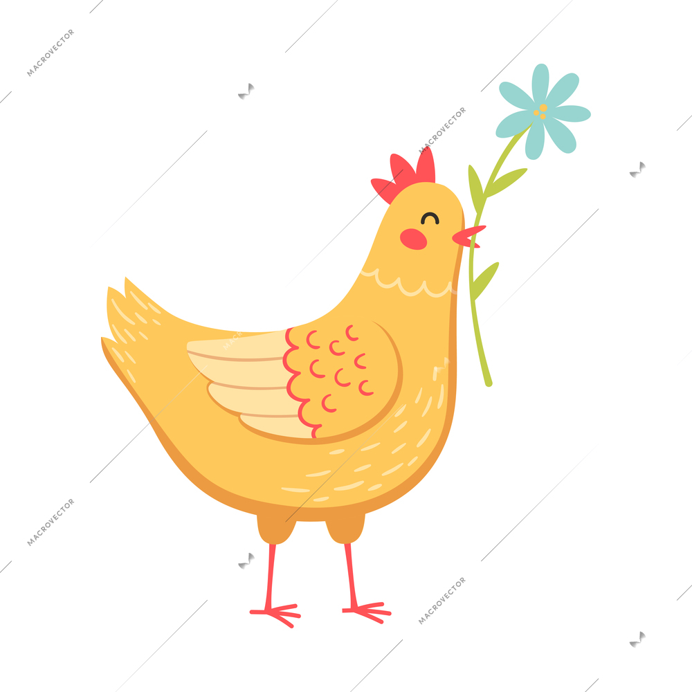 Cute easter chicken with flower in beak cartoon vector illustration