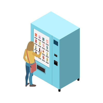 Woman using touch screen interface vending machine with drinks 3d isometric icon vector illustration