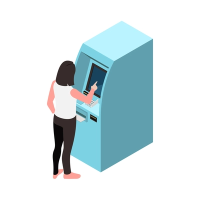 Touch screen interface icon with woman using atm 3d vector illustration