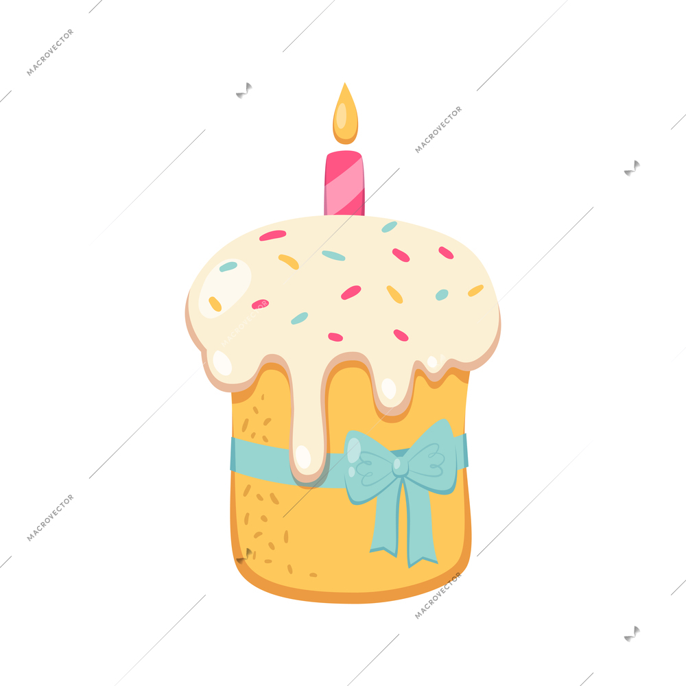 Easter cake with icing candle and blue ribbon cartoon vector illustration