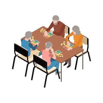 Isometric nursing home icon with elderly people playing board games 3d vector illustration