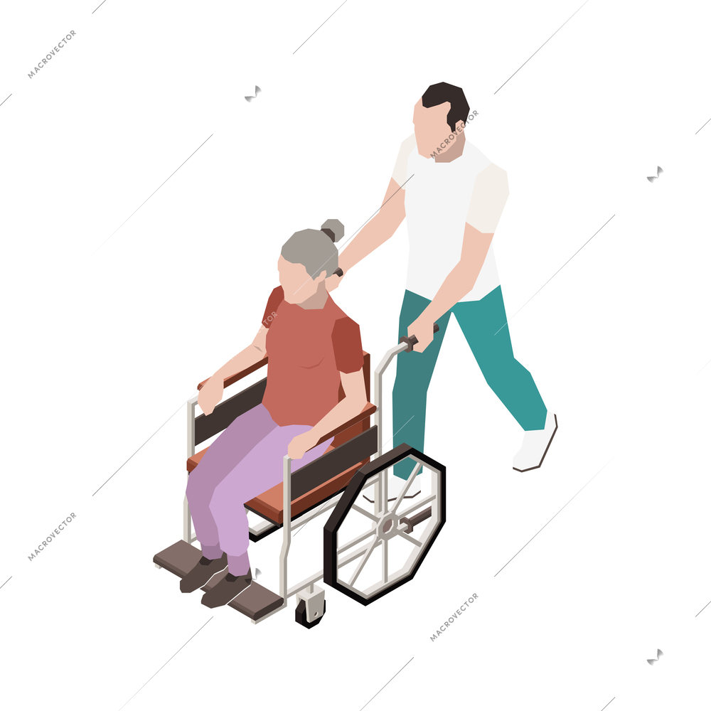 Nursing home icon with man carrying senior woman on wheelchair 3d isometric vector illustration