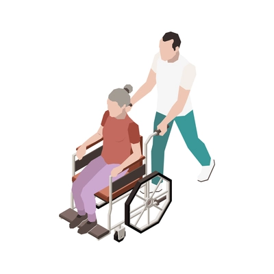 Nursing home icon with man carrying senior woman on wheelchair 3d isometric vector illustration