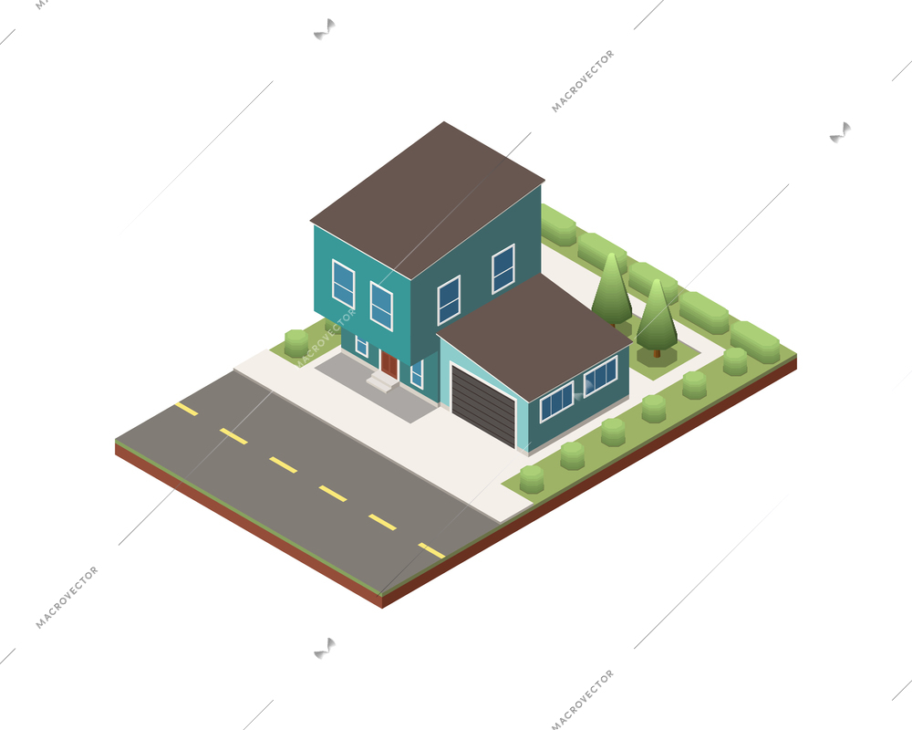 Isometric two storeyed suburban house with garage and green yard 3d vector illustration