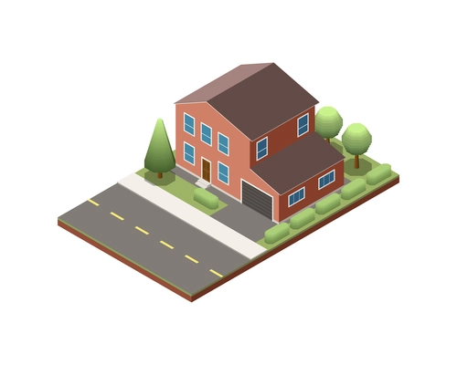 Isometric private suburban house with two floors and annex for garage 3d vector illustration