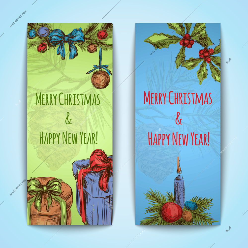 Merry christmas happy new year sketch vertical banner set isolated vector illustration