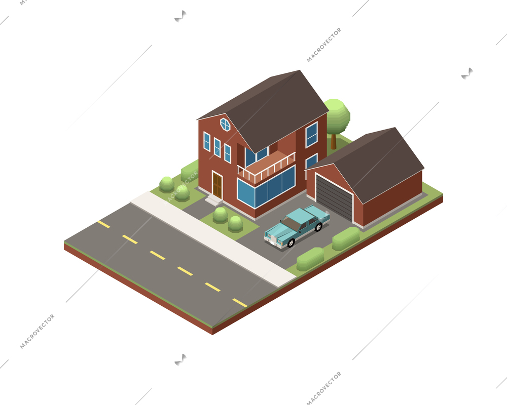 Isometric private suburban house with balcony annex for garage and car 3d vector illustration