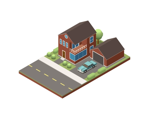 Isometric private suburban house with balcony annex for garage and car 3d vector illustration