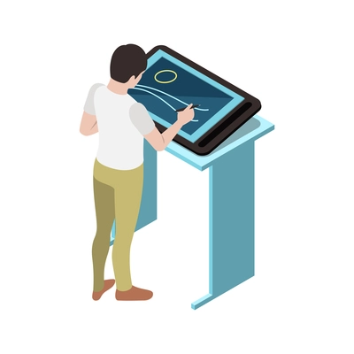 Character using touch screen information board isometric icon 3d vector illustration