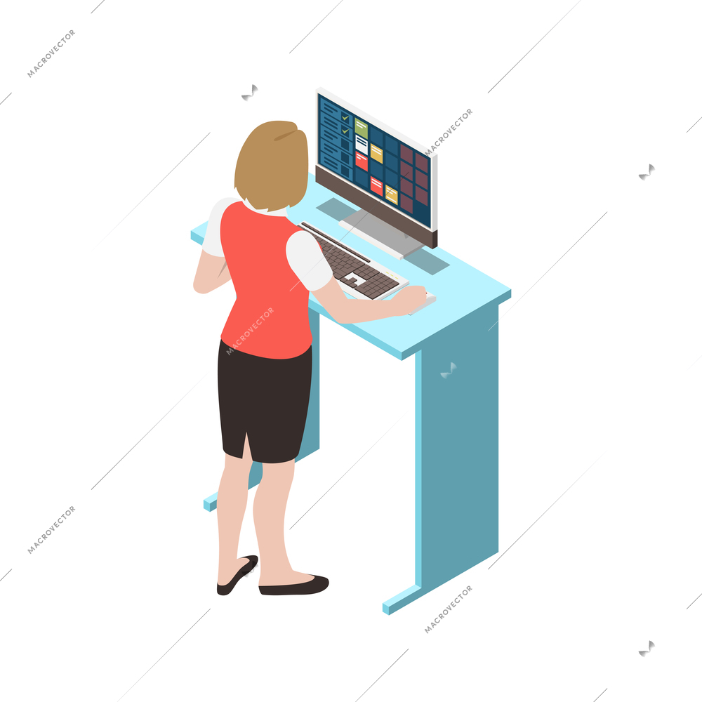 Isometric icon with woman in office wear using computer 3d vector illustration