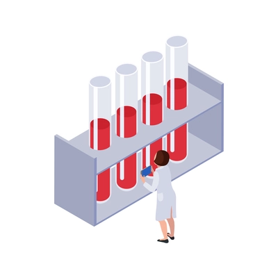 Future technology isometric icon with female character and laboratory tubes with blood 3d vector illustration