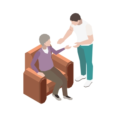 Nursing home isometric icon with man offering help to elderly woman 3d vector illustration