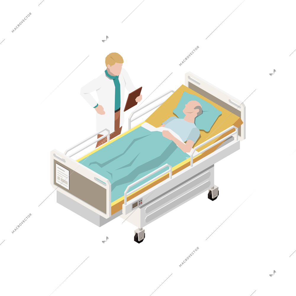 Nursing home isometric icon with senior man in hospital bed talking to doctor 3d vector illustration