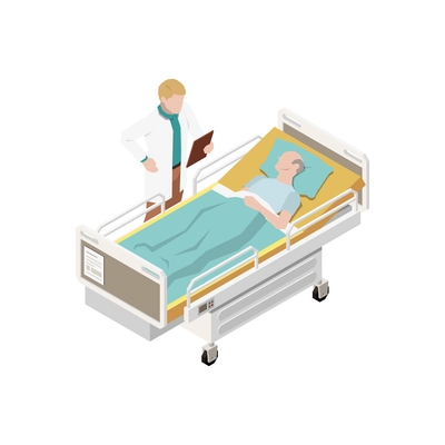 Nursing home isometric icon with senior man in hospital bed talking to doctor 3d vector illustration