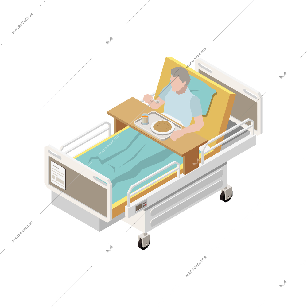 Nursing home isometric icon with man having meal in hospital bed 3d vector illustration