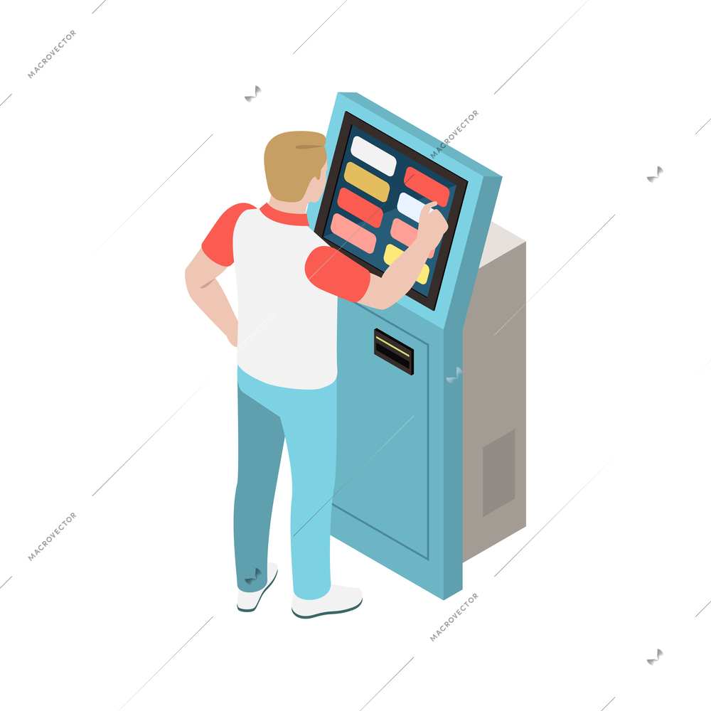 Male character using touch screen terminal 3d isometric vector illustration