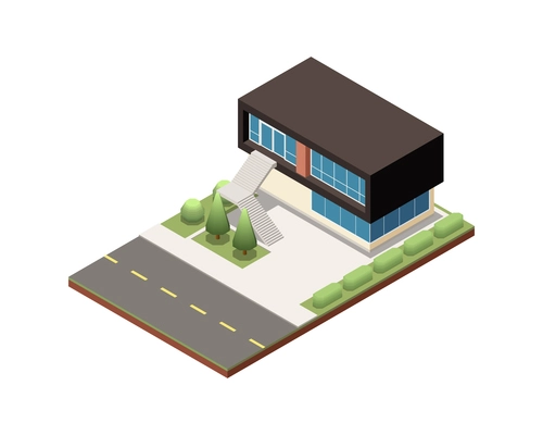 Isometric modern suburban house with two floors and big windows 3d vector illustration