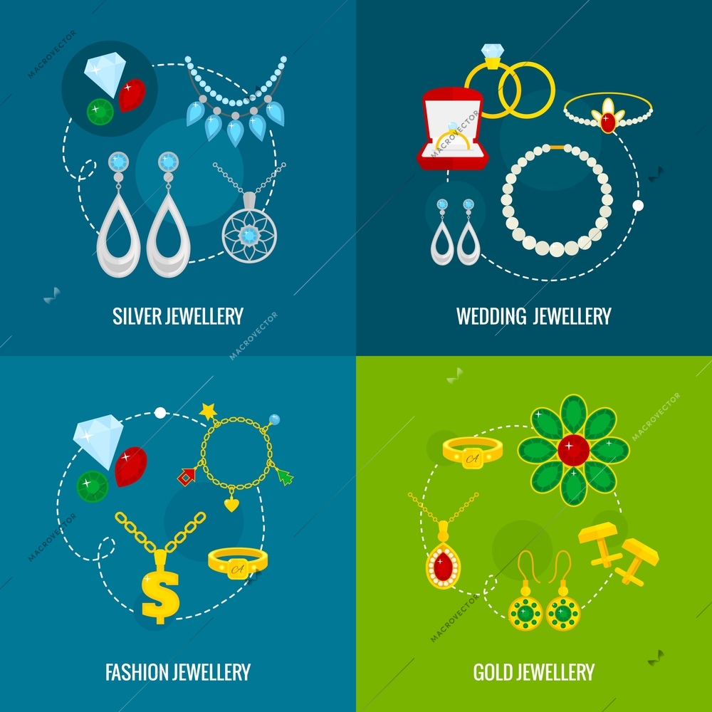 Jewelry icons flat set of silver gold wedding fashion jewellery isolated vector illustration