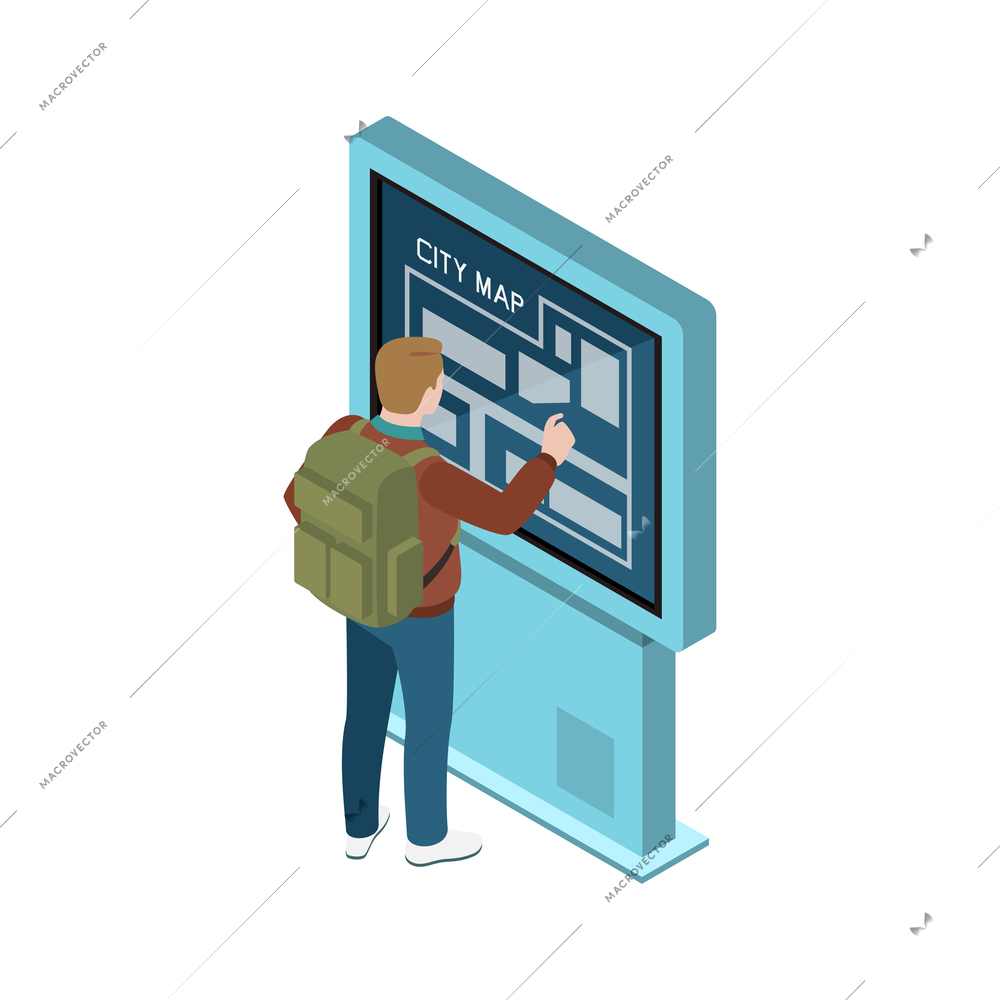 Man using electronic city map with touch screen interface 3d isometric vector illustration