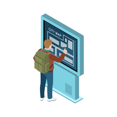 Man using electronic city map with touch screen interface 3d isometric vector illustration