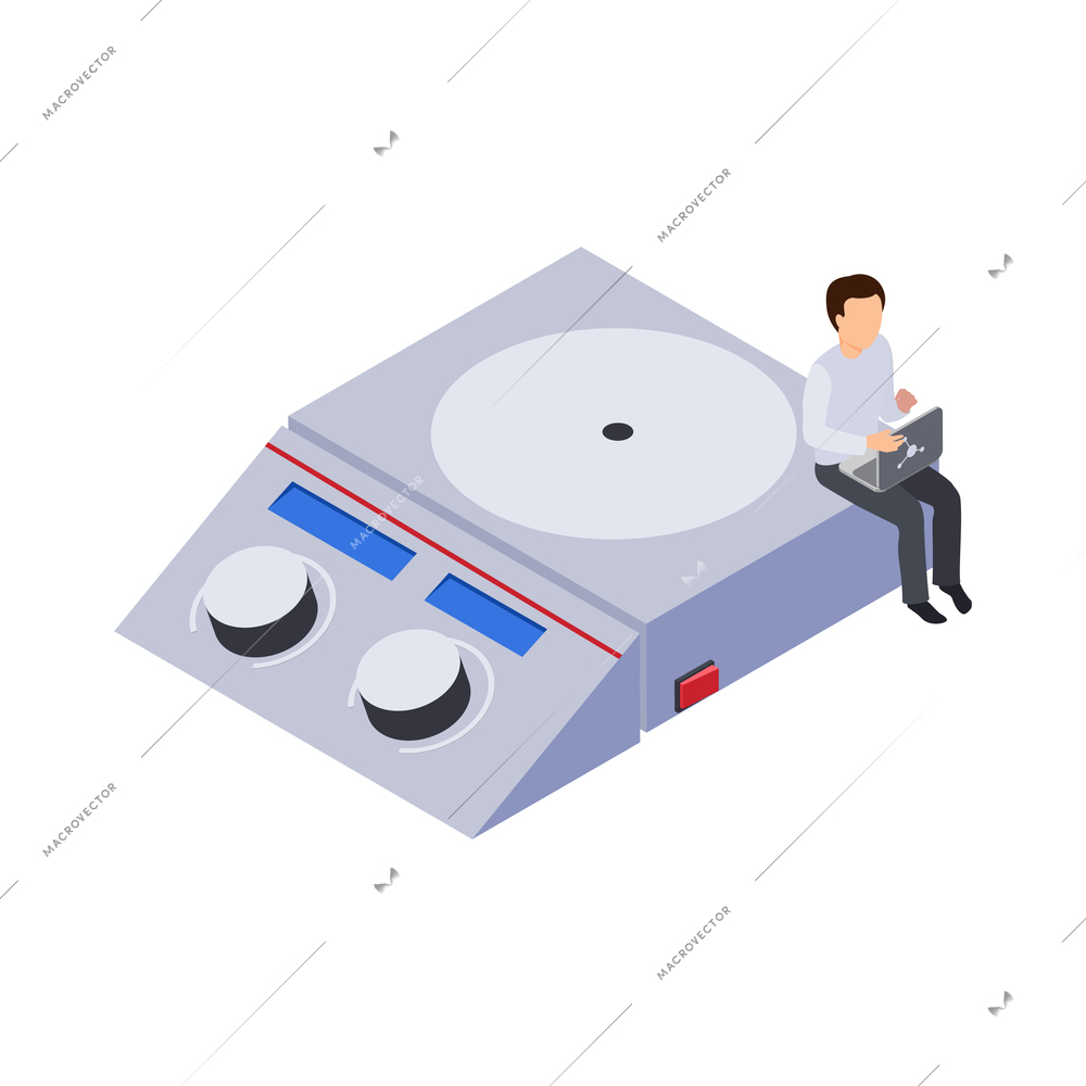 Future technology icon with laboratory equipment and human character at work 3d isometric vector illustration