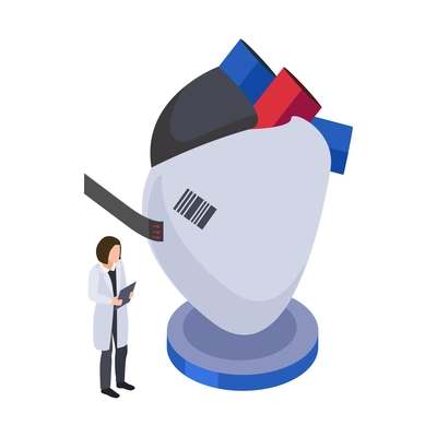 Future technology icon with female character of researcher and artificial heart 3d isometric vector illustration