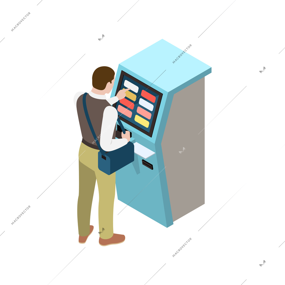 Isometric icon with man using touch screen terminal 3d vector illustration