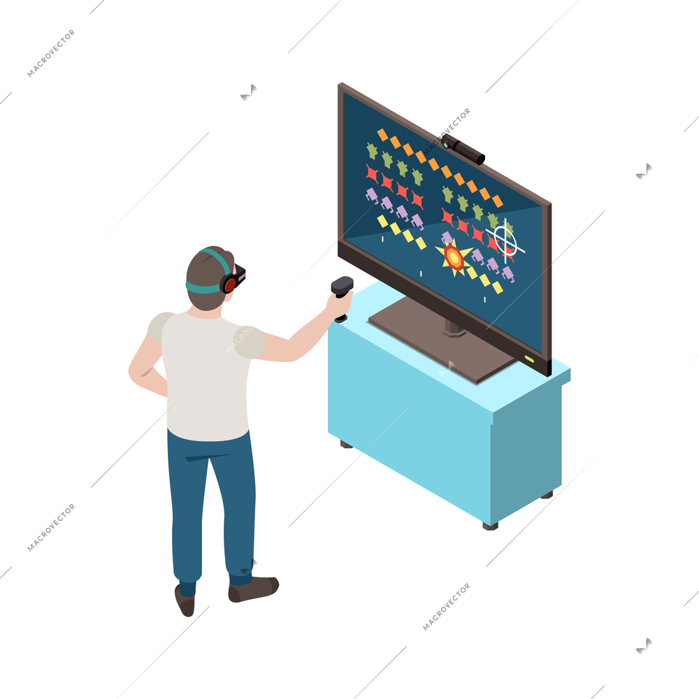 Isometric icon with man wearing virtual reality glasses playing shooting game 3d vector illustration