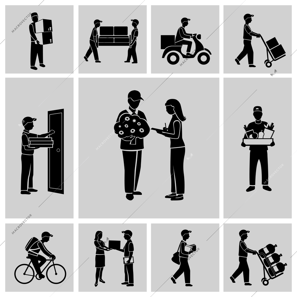 Delivery person courier service postman job icons black set isolated vector illustration