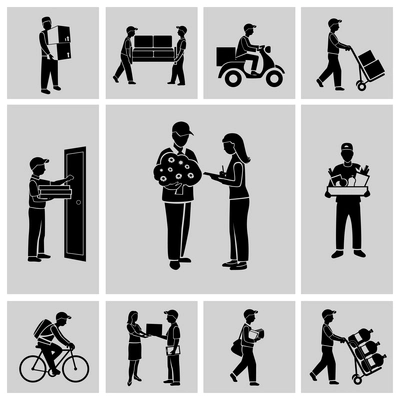 Delivery person courier service postman job icons black set isolated vector illustration