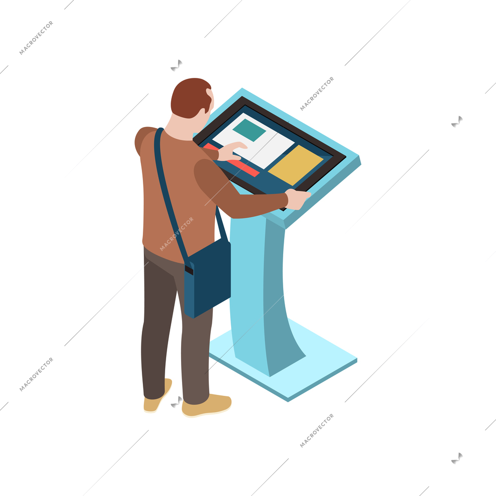 Man using touch screen interface information board isometric vector illustration