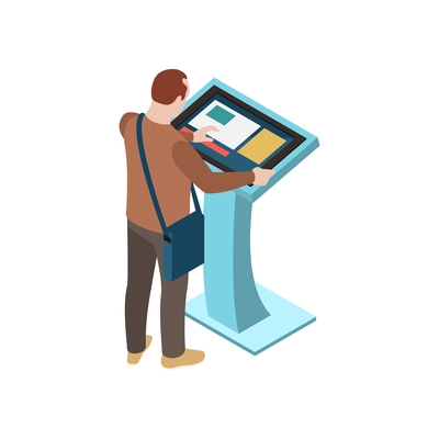 Man using touch screen interface information board isometric vector illustration