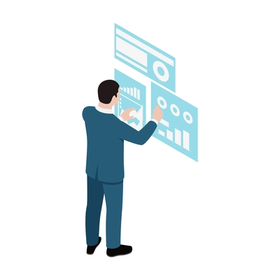 Isometric icon with businessman using touch screen interface 3d vector illustration