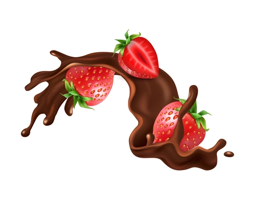 Chocolate splashes and drops with fresh strawberries realistic vector illustration