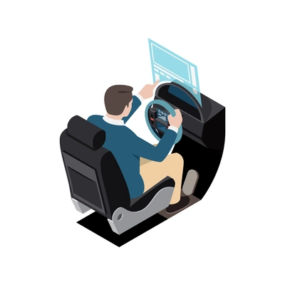 Man in augmented reality glasses using car simulator with touch screen interface isometric vector illustration