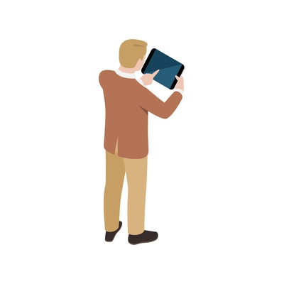 Isometric touch screen interface icon with man using tablet 3d vector illustration