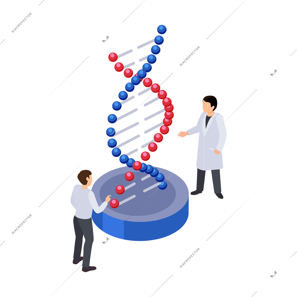 Future technology isometric icon with two human characters and dna strand 3d vector illustration