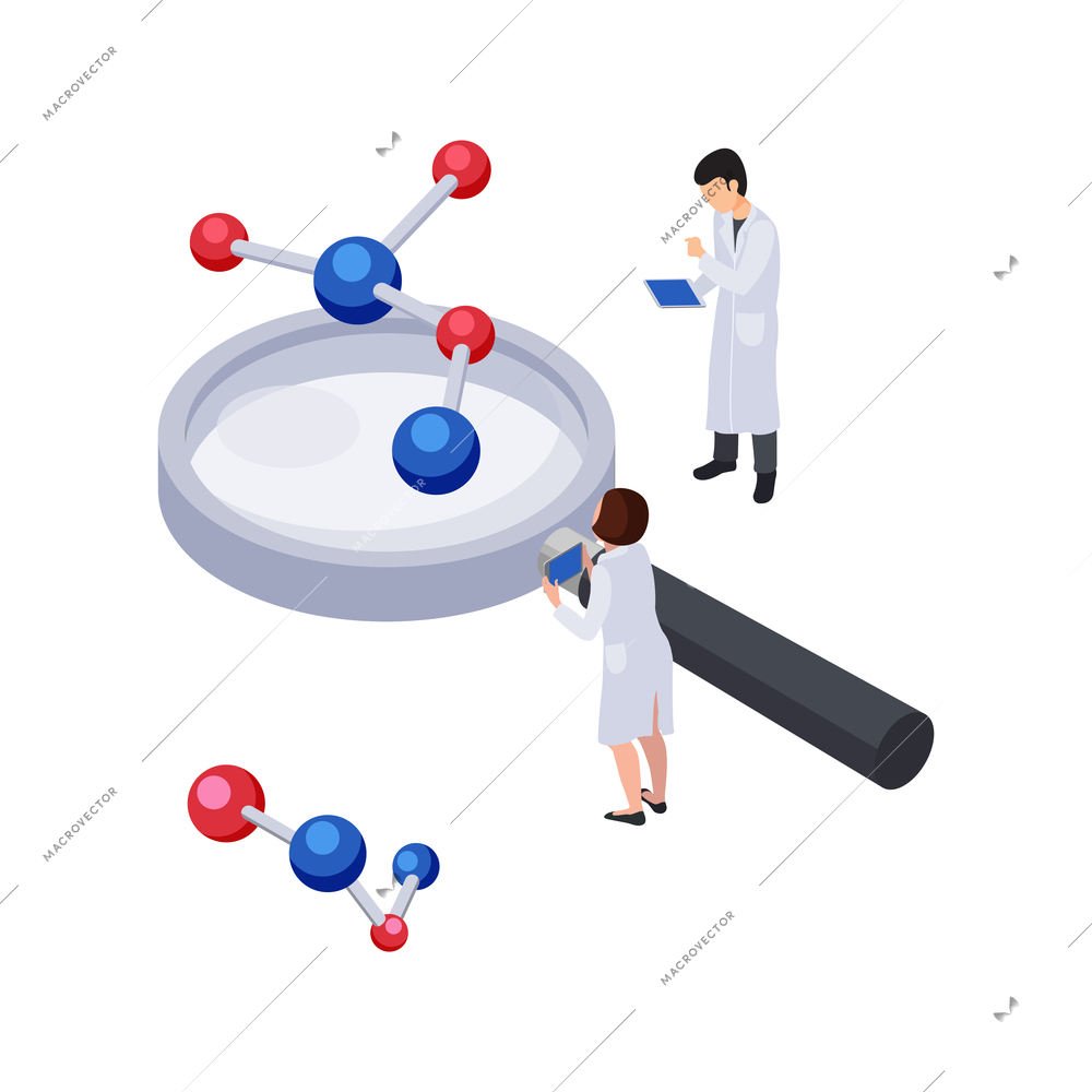 Future technology concept icon with isometric human characters magnifier and molecules vector illustration