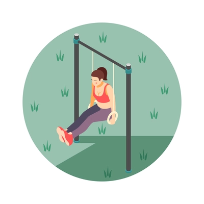 Isometric body workout round composition with woman exercising on rings in park 3d vector illustration