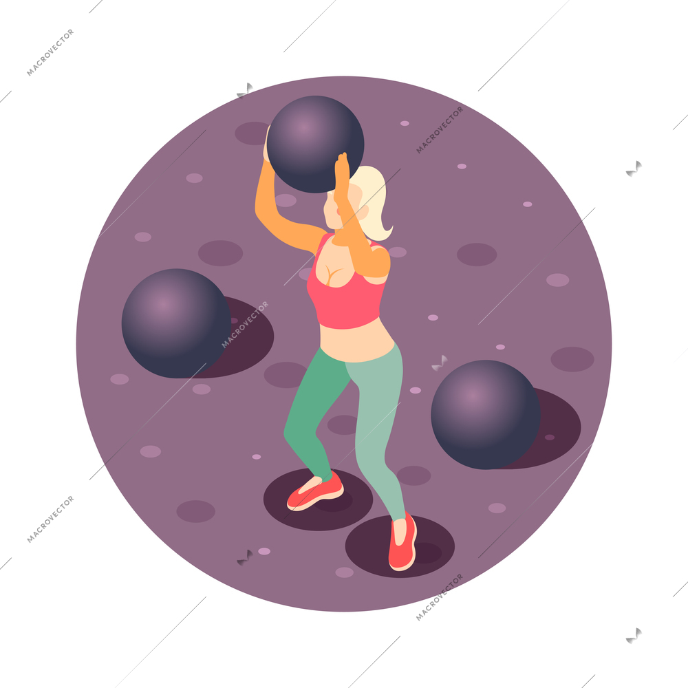 Crossfit round composition with woman training with balls in gym isometric vector illustration