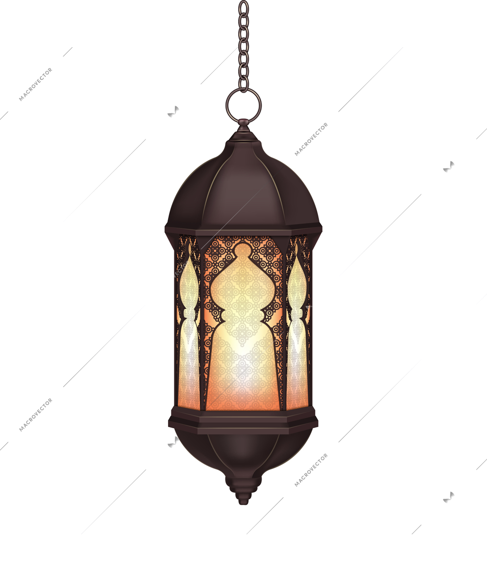 Realistic ramadan lantern with burning candle hanging by chain vector illustration