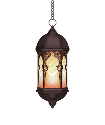 Realistic ramadan lantern with burning candle hanging by chain vector illustration