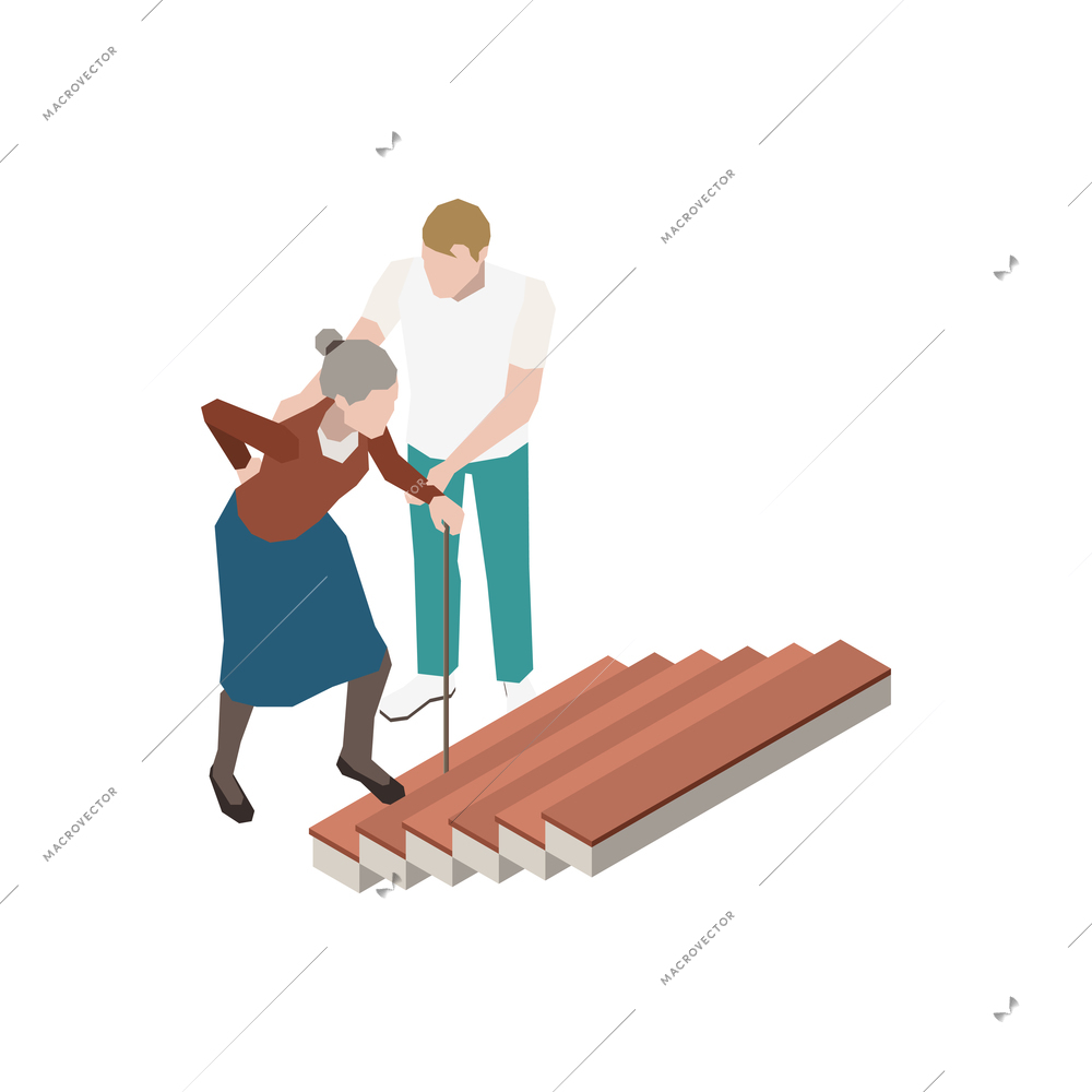 Nursing home isometric icon with man helping elderly woman go upstairs 3d vector illustration
