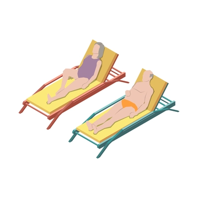 Nursing home isometric icon with senior man and woman lying on lounges in sunshine 3d vector illustration