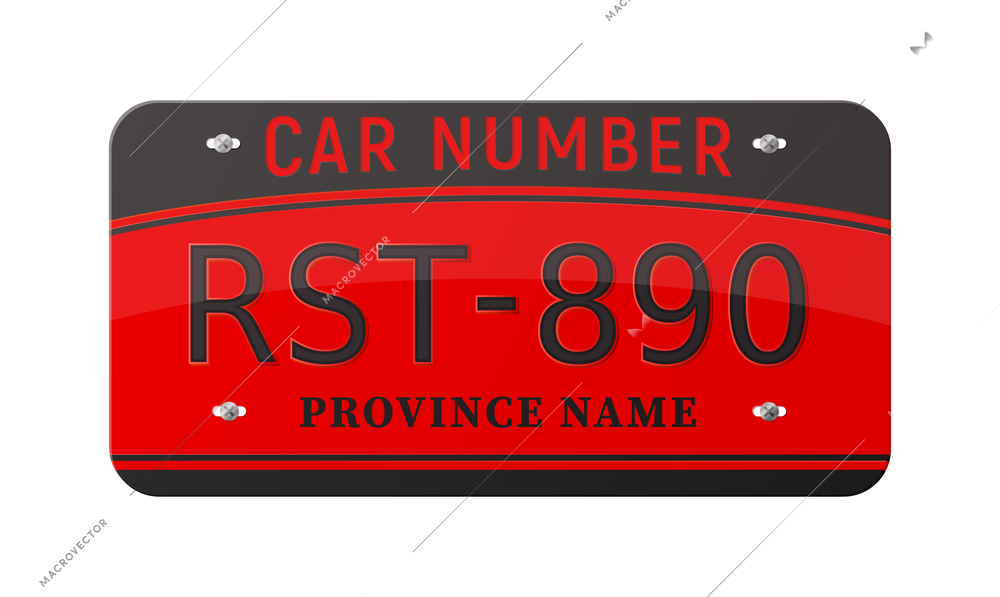 Realistic car number plate in red and black color with editable text vector illustration