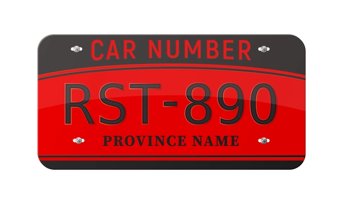 Realistic car number plate in red and black color with editable text vector illustration